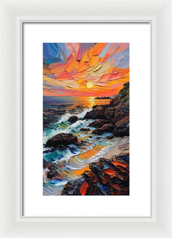 Sun Glow on a Rocky Shore - Framed Print