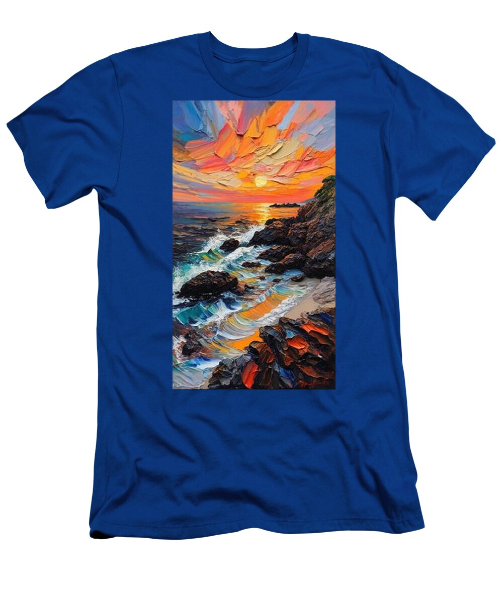 Sun Glow on a Rocky Shore - T-Shirt