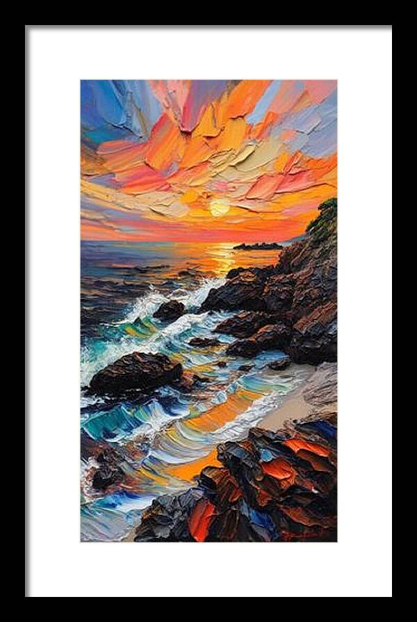 Sun Glow on a Rocky Shore - Framed Print