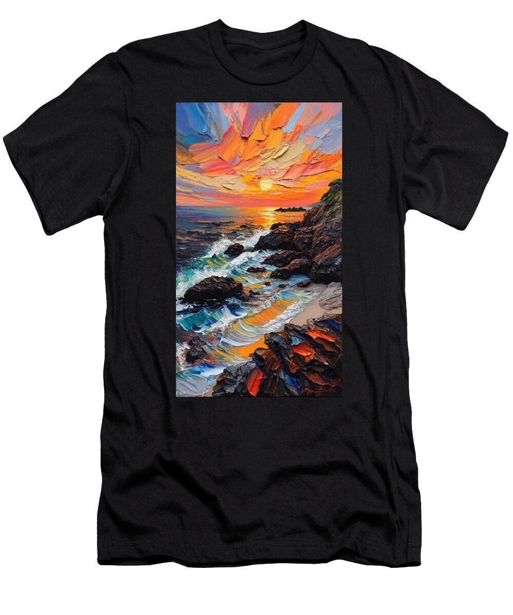 Sun Glow on a Rocky Shore - T-Shirt