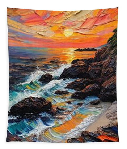 Sun Glow on a Rocky Shore - Tapestry
