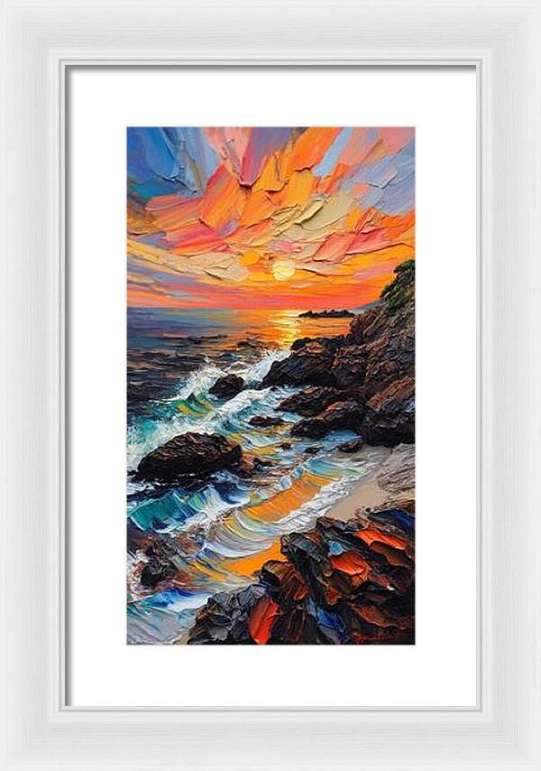 Sun Glow on a Rocky Shore - Framed Print