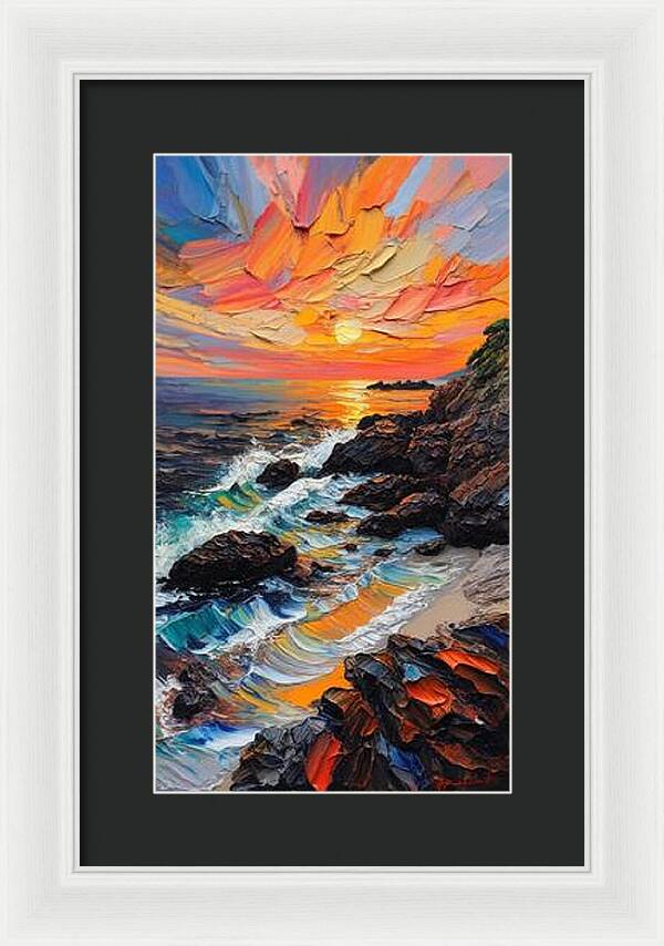 Sun Glow on a Rocky Shore - Framed Print
