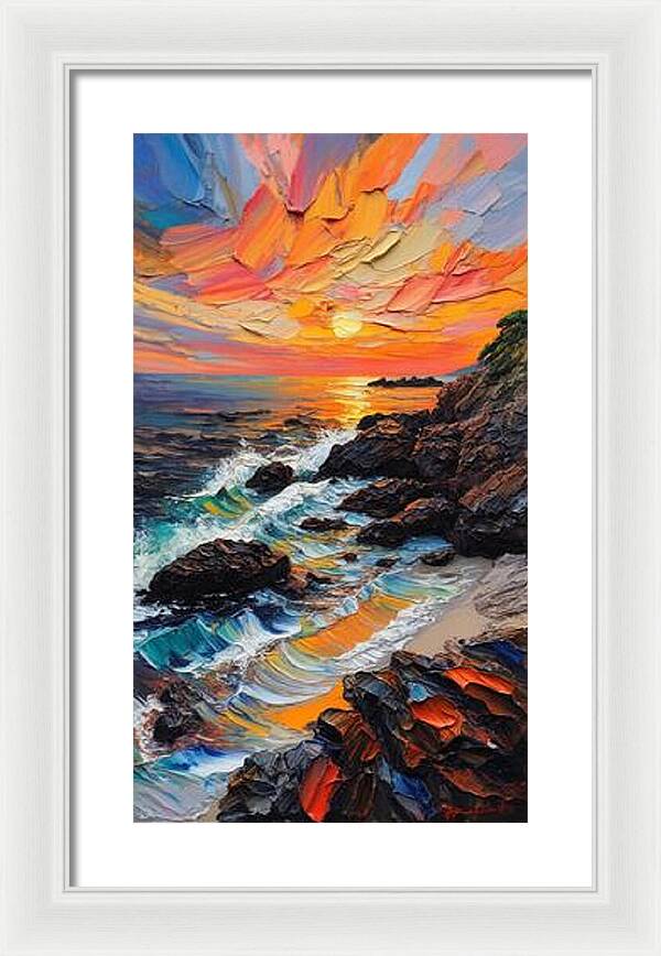 Sun Glow on a Rocky Shore - Framed Print
