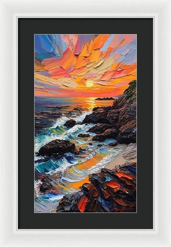 Sun Glow on a Rocky Shore - Framed Print