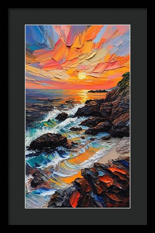 Sun Glow on a Rocky Shore - Framed Print