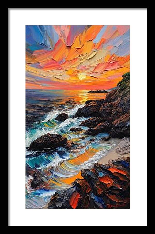Sun Glow on a Rocky Shore - Framed Print