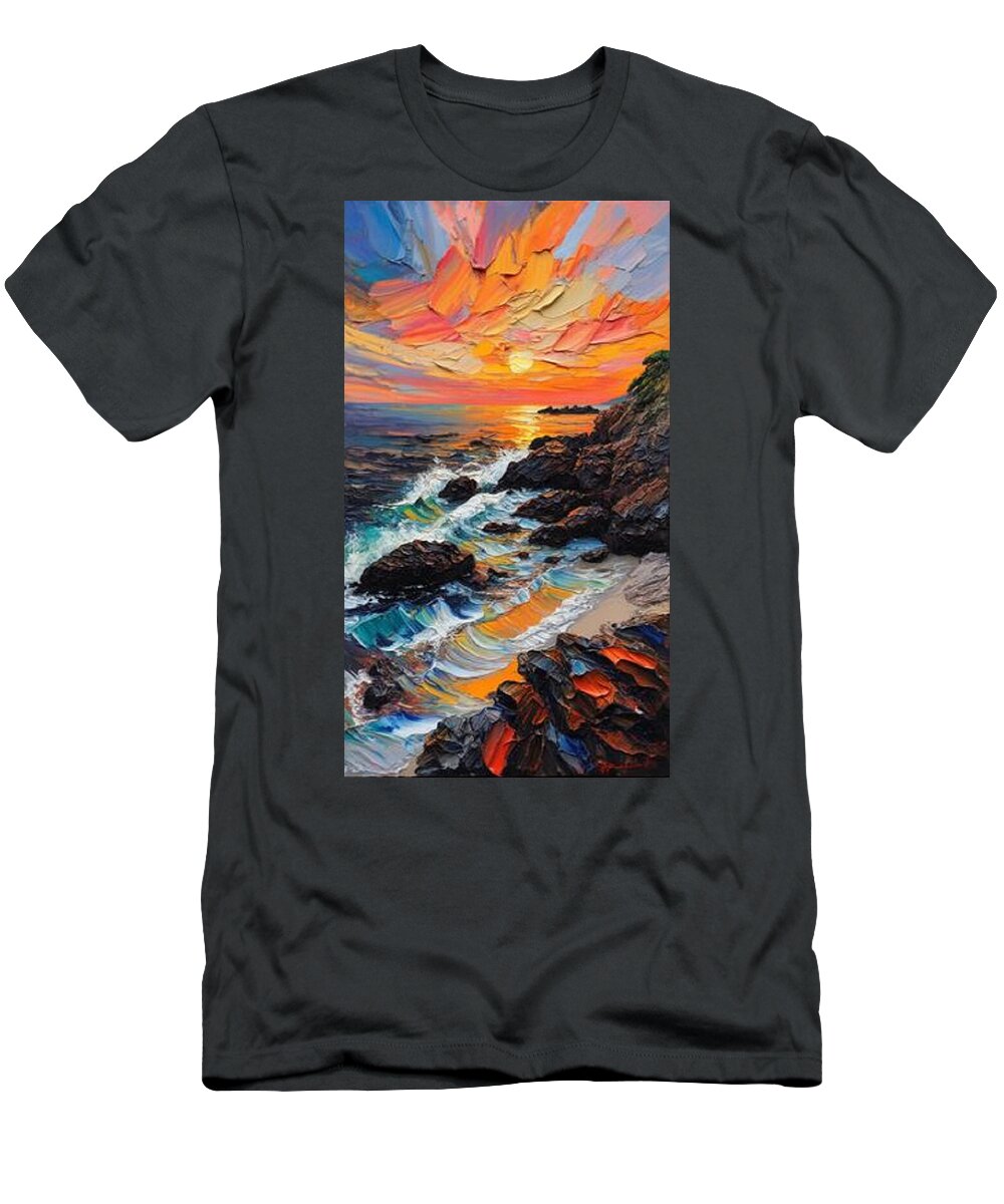 Sun Glow on a Rocky Shore - T-Shirt