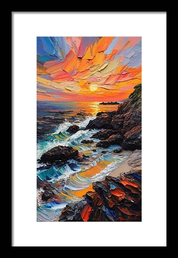 Sun Glow on a Rocky Shore - Framed Print