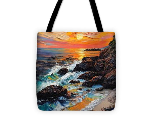 Sun Glow on a Rocky Shore - Tote Bag