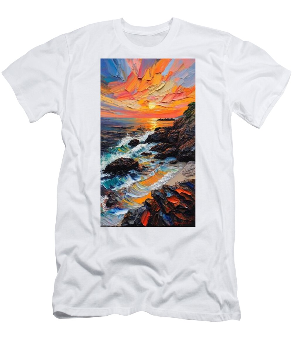 Sun Glow on a Rocky Shore - T-Shirt