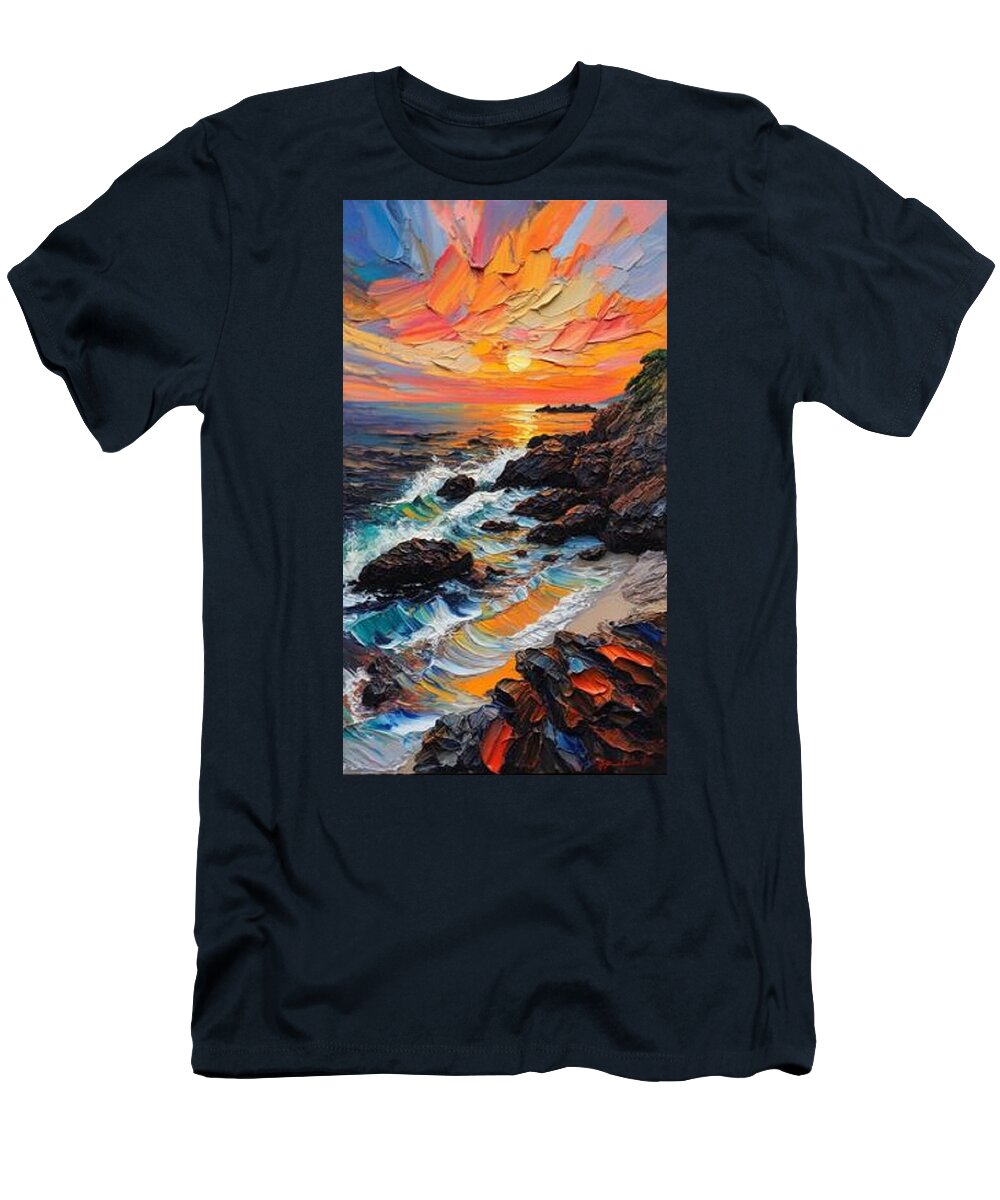 Sun Glow on a Rocky Shore - T-Shirt
